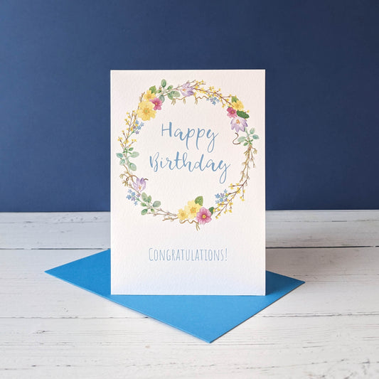 Greetings Card - Spring Wreath - Happy Birthday