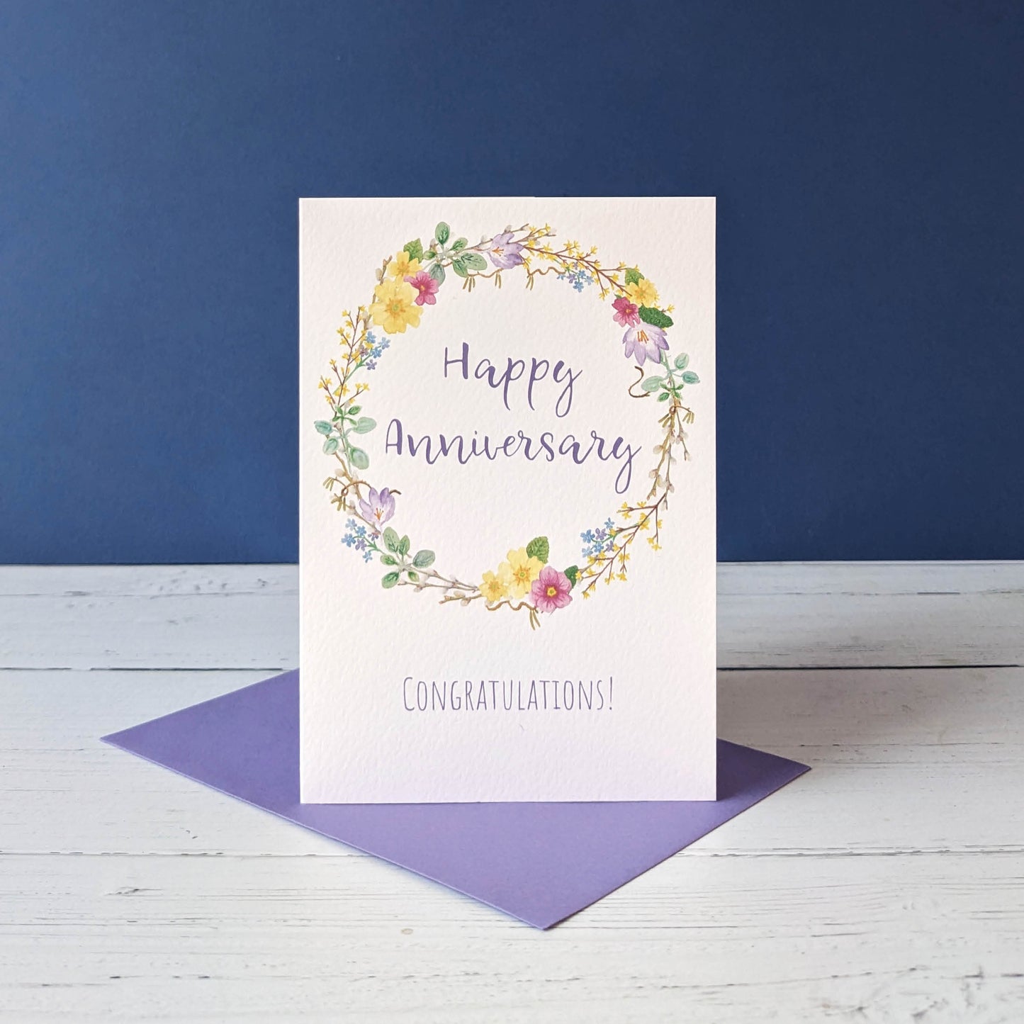 Greetings Card - Spring Wreath - Happy Anniversary