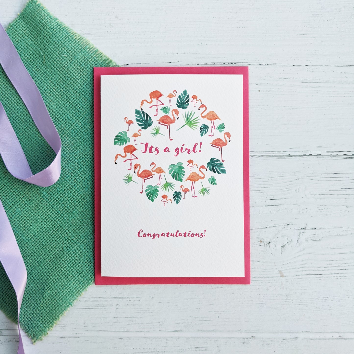 Greetings card - New baby - Its a girl - Flamingos