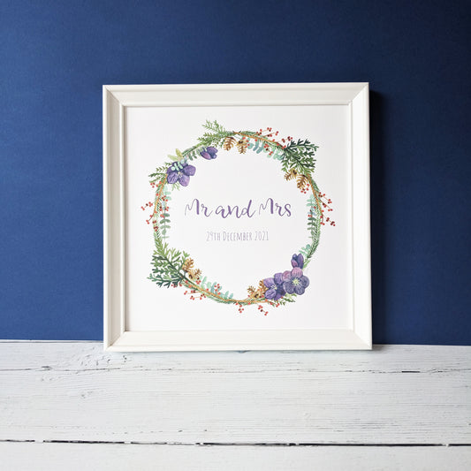 Personalised Winter Floral Wreath Art Print