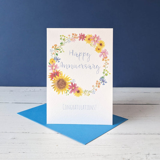 Greetings Card - Summer Wreath - Happy Anniversary