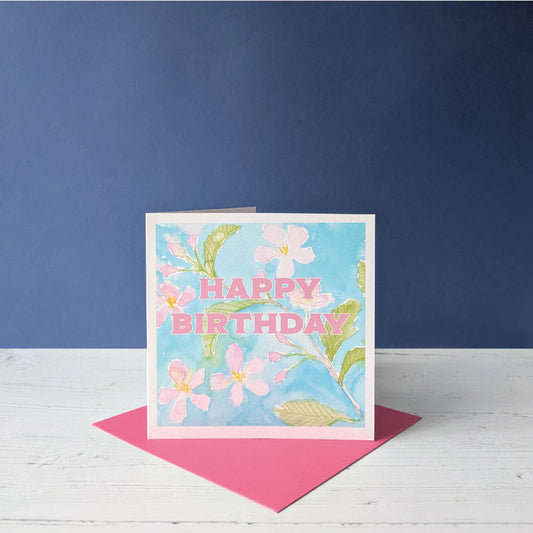 Square Greetings Card - Floral - Apple Blossom - Happy Birthday