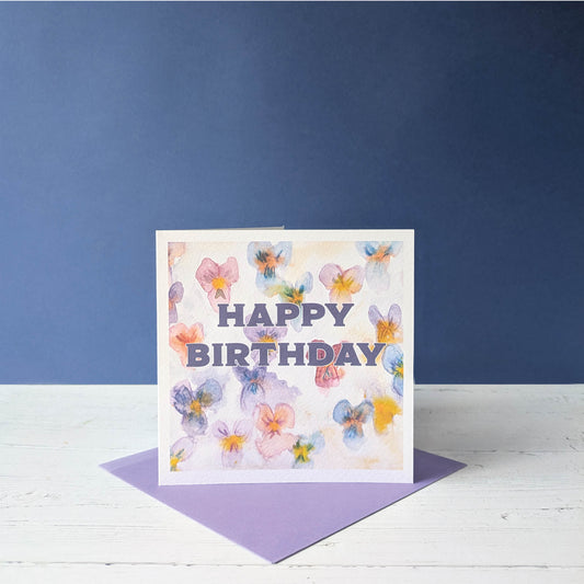 Square Greetings Card - Floral - Violets - Happy Birthday