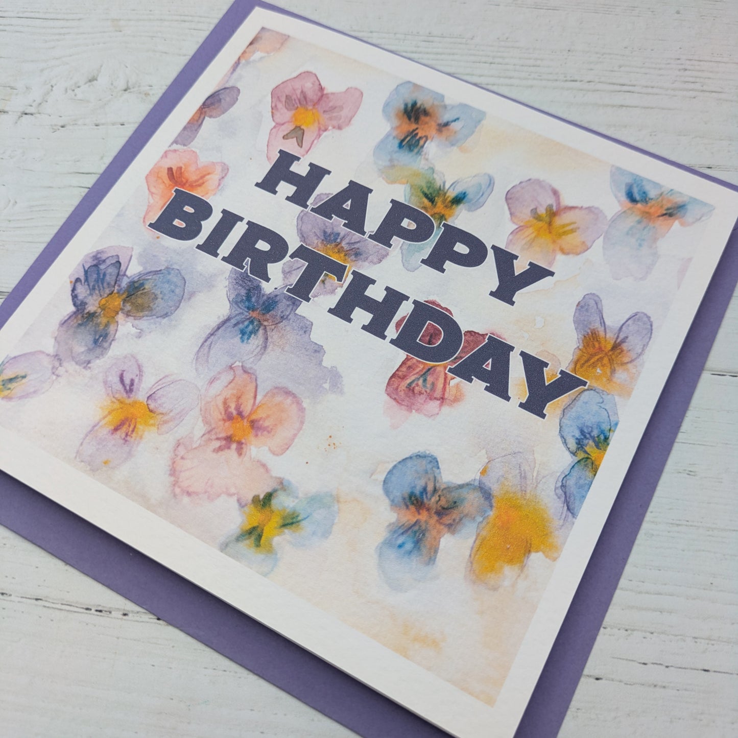 Square Greetings Card - Floral - Violets - Happy Birthday