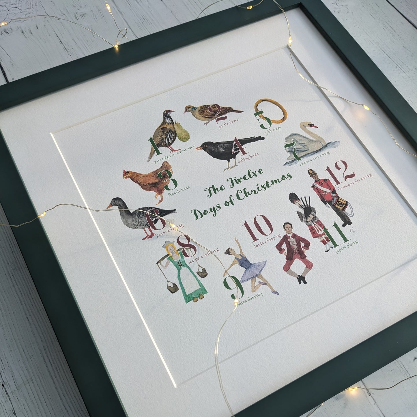 Festive Print Bundle - 12 days of Christmas print & dark green frame.